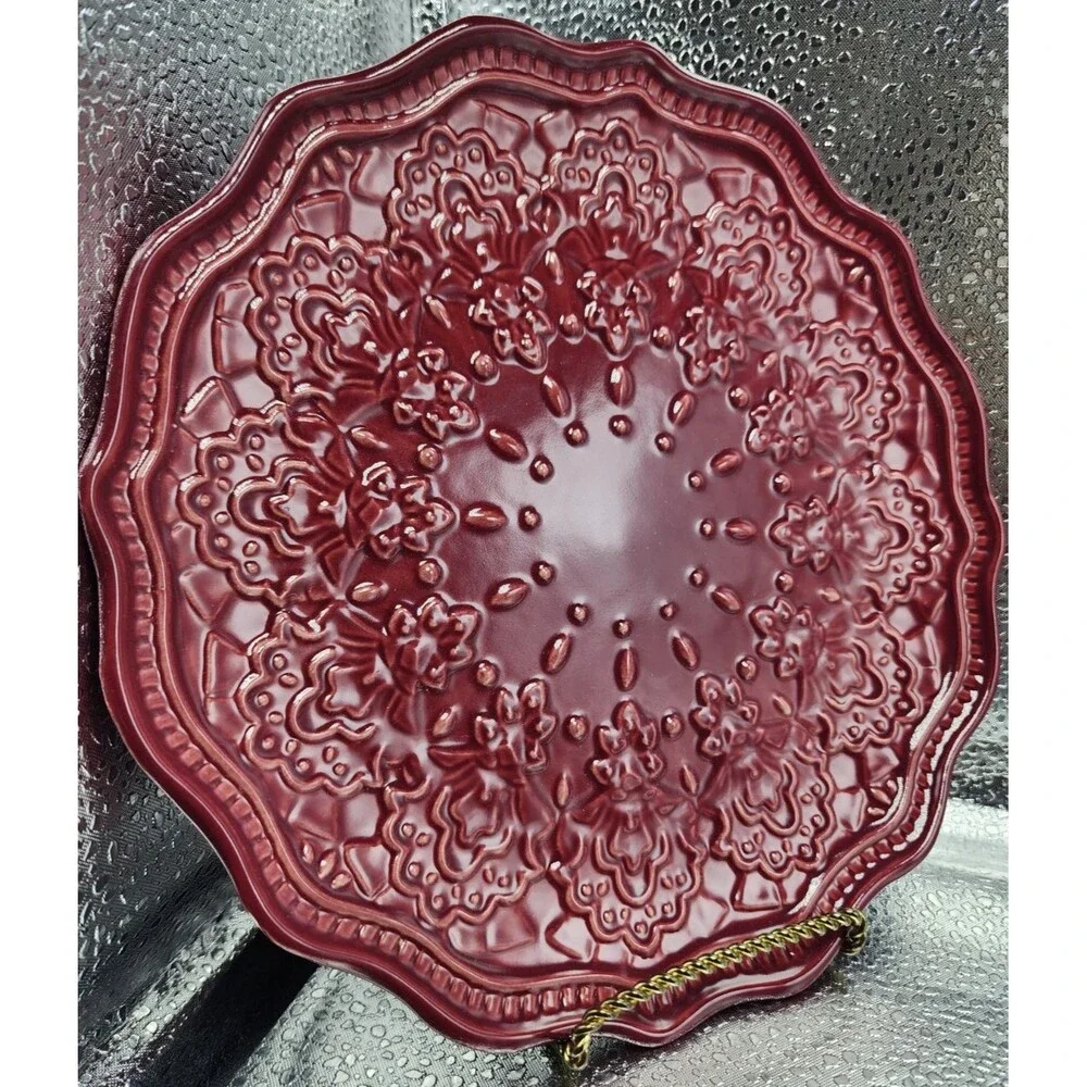 Pioneer Woman ~ Red ~ FARMHOUSE LACE Stoneware Salad Plates (Set of 3) READ!!